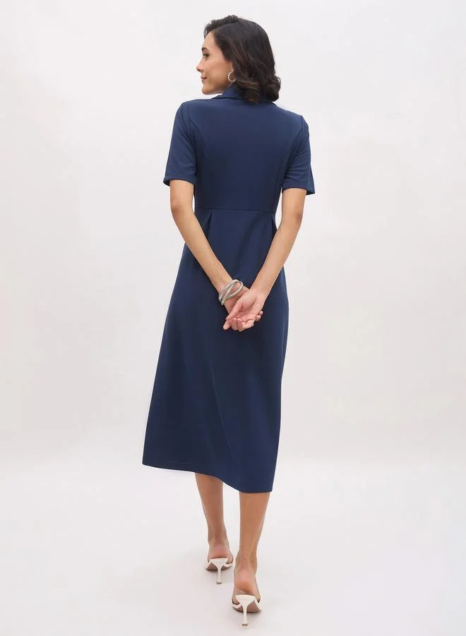 Sassafras blue Women Blue Notch Collar Button Midi Dress for Women | Best Price UAE